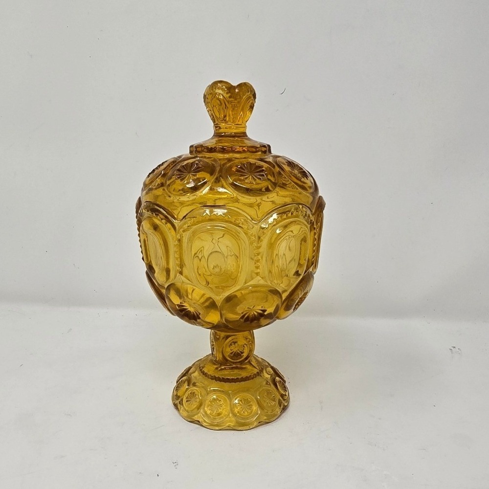 Vtg L.E. Smith amber Moon and Stars glass compote candy dish w/lid footed bowl